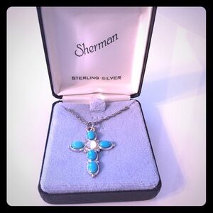 .925 Sterling Silver, Blue Turquoise and MOP Cross Necklace